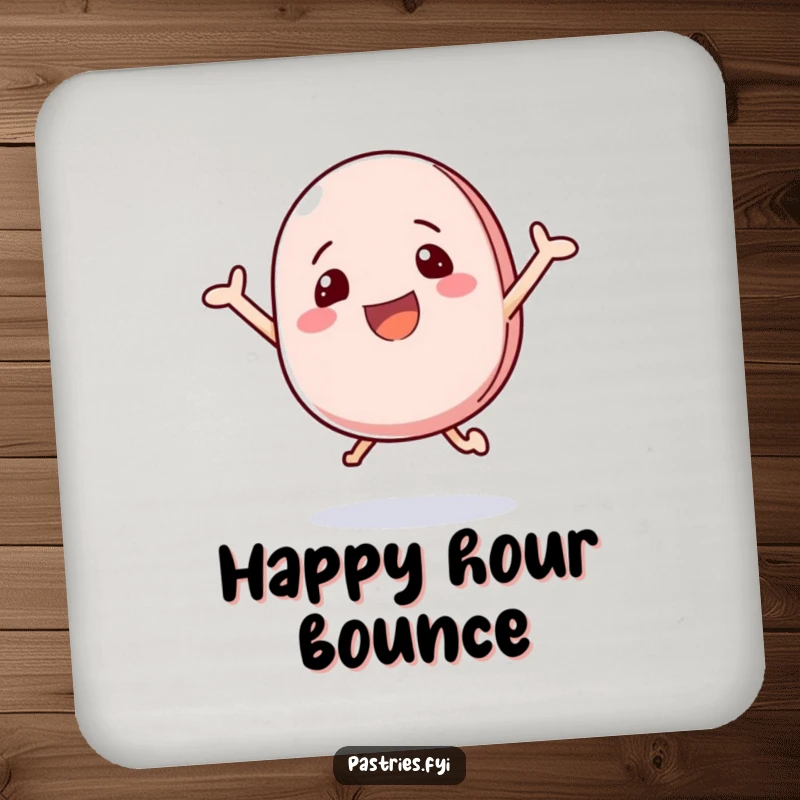Funny drink coaster with a happy macaron character bouncing with excitement, adding cheer to tabletops.