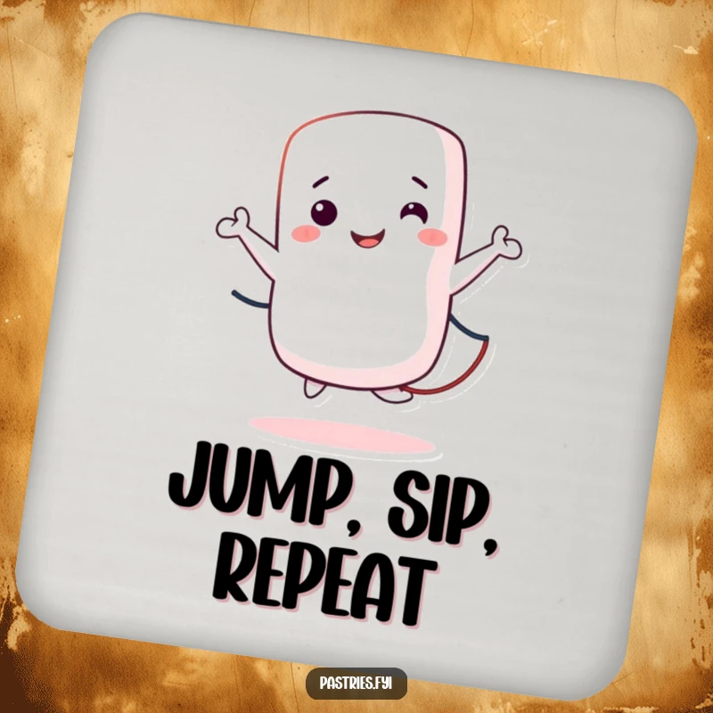 Funny Drink Coasters featuring a smiling marshmallow character jumping rope, protecting furniture with a humorous design.