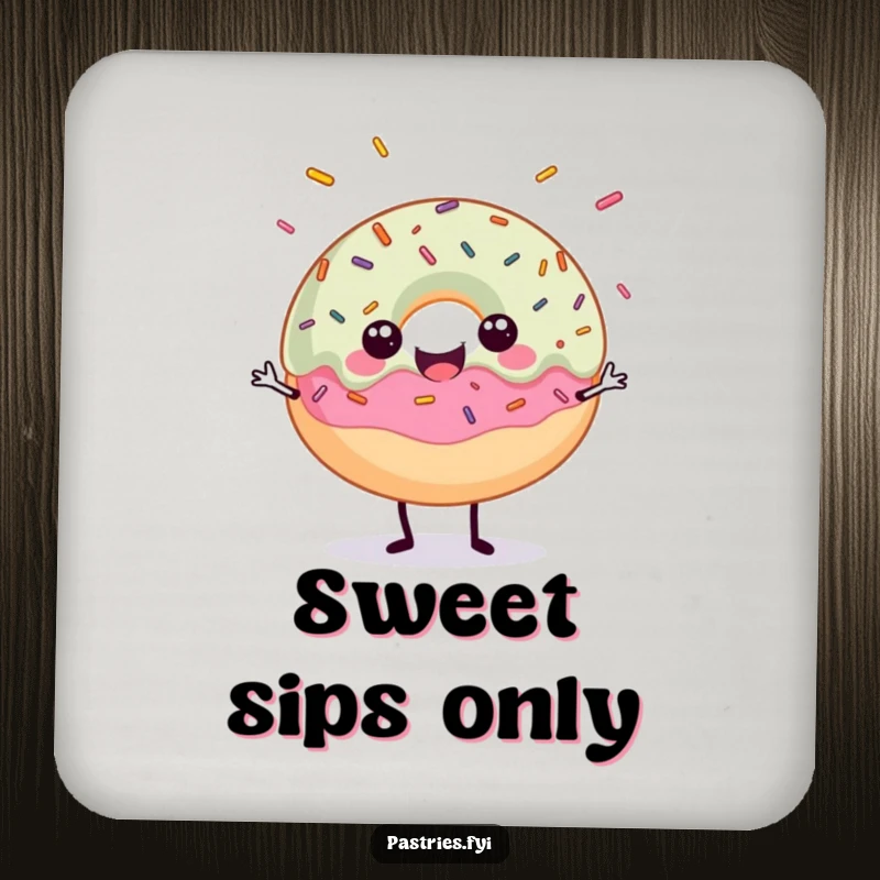 Funny drink coaster with a happy donut character juggling sprinkles, adding sweet humor to tabletops.