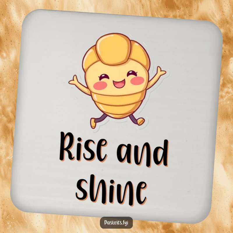 Funny drink coaster featuring a smiling croissant character with legs joyfully leaping, adding humor to your table.