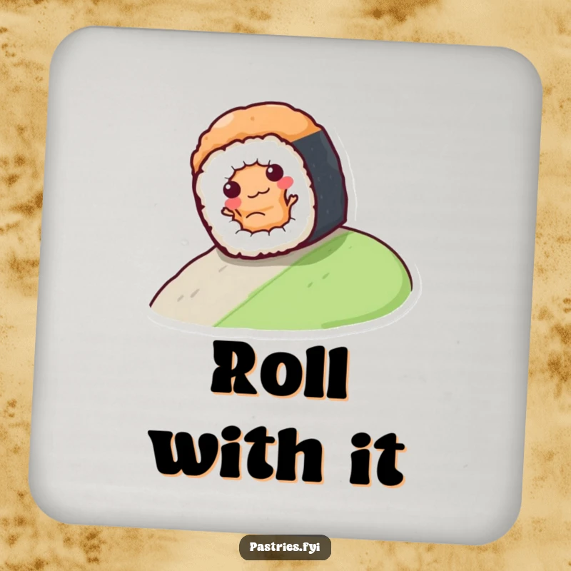 Funny sushi roll character rolling down a hill on a drink coaster, adding a humorous touch to any surface.
