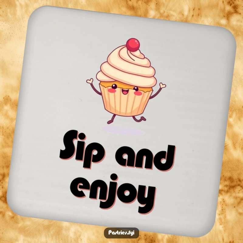 Funny cheerful cupcake with tiny legs, jubilantly hopping on a drink coaster, protecting tables with sweet humor, a perfect funny gift.