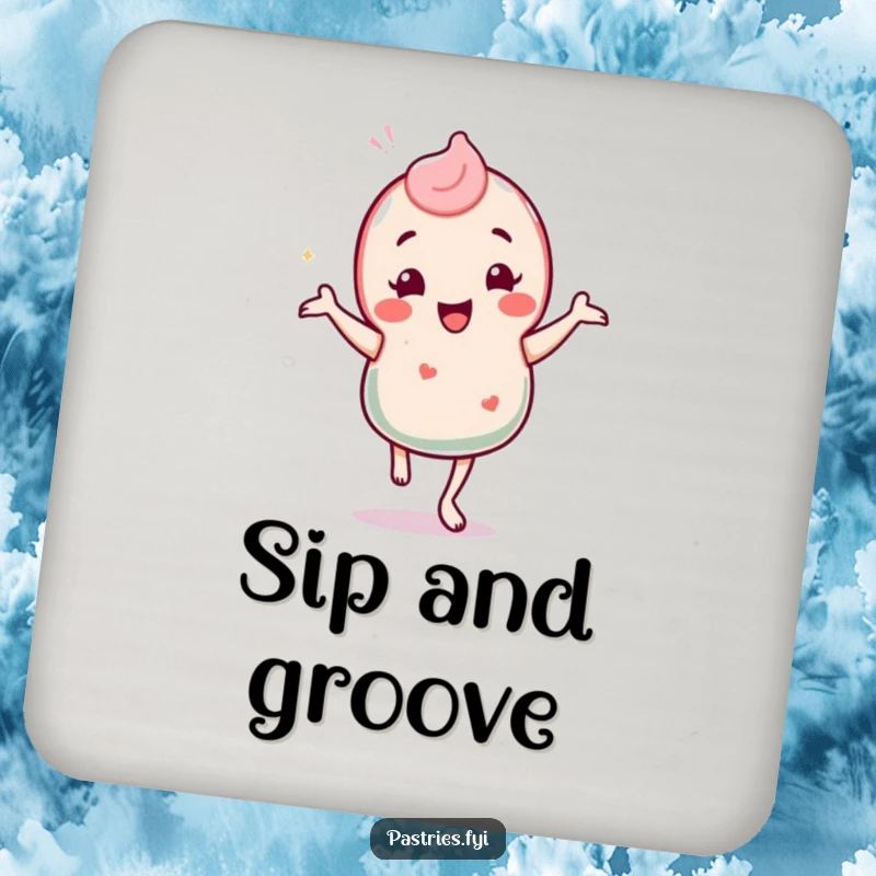 Funny drink coaster featuring a cheerful candy character doing a silly jig with a look of pure, sugary happiness.