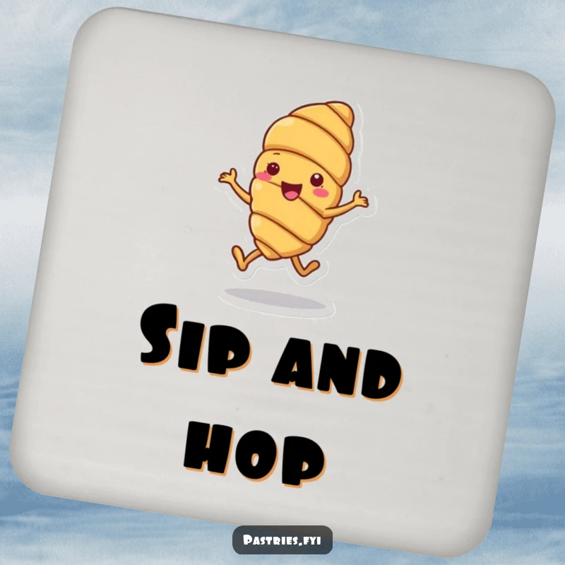 Funny drink coaster featuring a cheerful croissant character doing a joyful little hop, adding a touch of whimsy to tabletops.