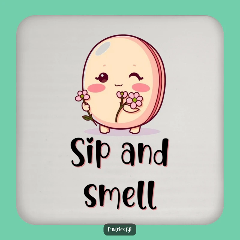 Funny Shy Macaron Coaster: Blushing character w/ flower, protects furniture funny gift.