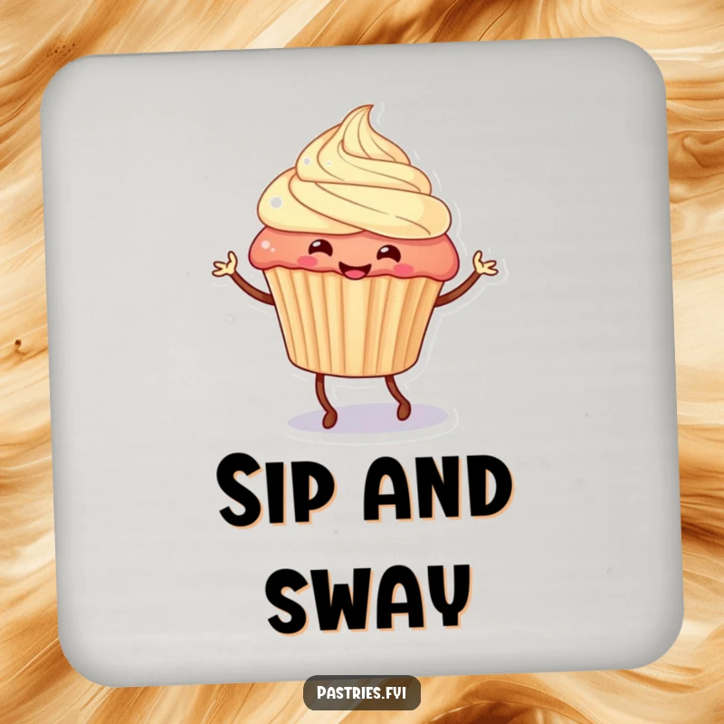 Funny cupcake character with legs doing a happy jig, printed on a protective drink coaster, adding humor to any surface.