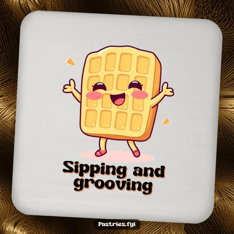 Funny drink coaster with a delighted waffle character doing a happy dance, protecting surfaces with breakfast humor.