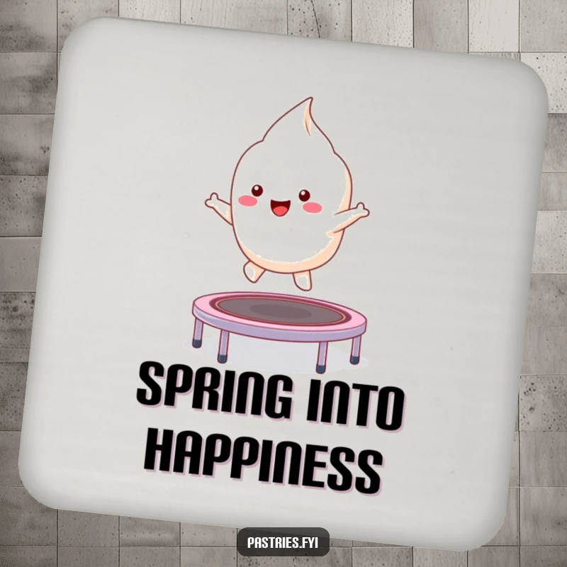 Funny kawaii meringue character bouncing on a trampoline, a humorous and charming coaster for drink protection.