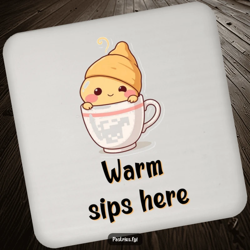 Funny blushing croissant character peeking from behind a steaming coffee cup, printed on a protective drink coaster, adding a humorous coffee touch.