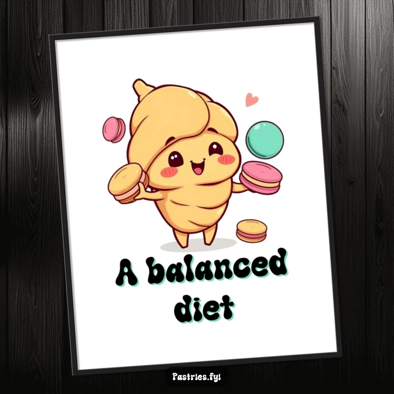Funny poster featuring a happy croissant character with a sly grin, skillfully juggling a tower of colorful macarons.