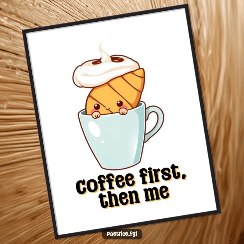 Funny shy croissant character peeking from behind a coffee cup, as a charming poster. Subtle and endearing wall art.