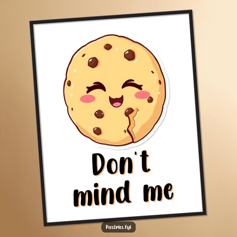 Funny poster print of a cheeky cookie character winking with a bite missing, a playful and humorous piece of wall art.