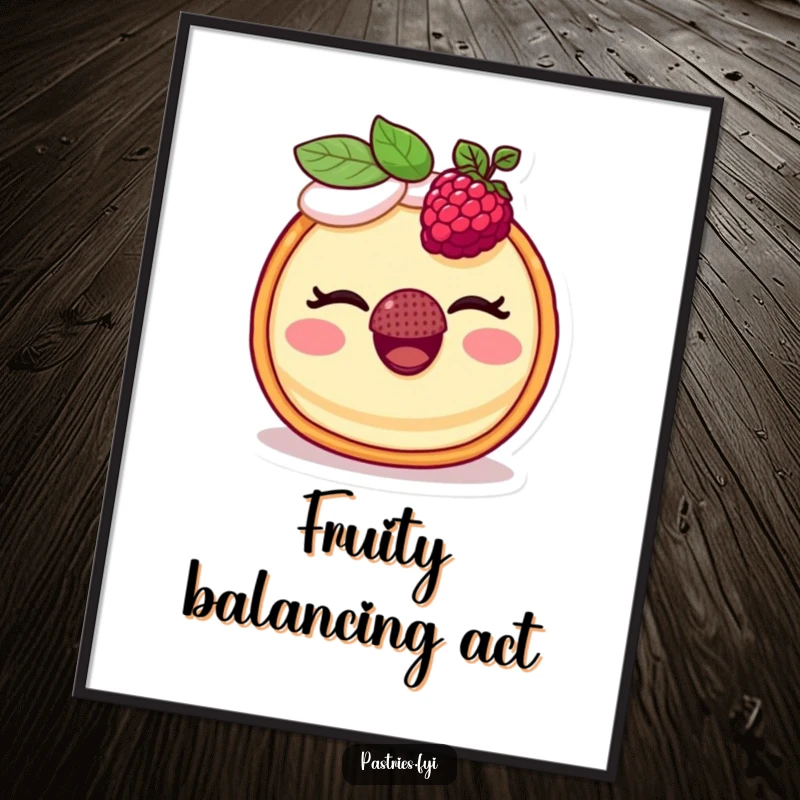 Funny poster print of a smiling tart winking while balancing a raspberry on its nose, adding humor to any wall decor.
