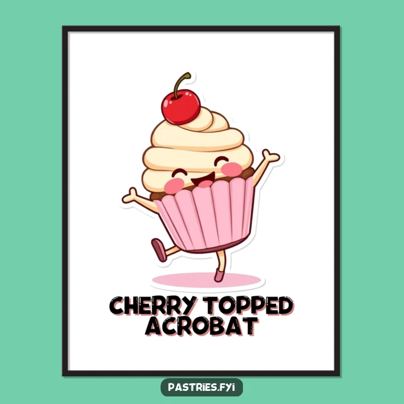 Funny Cartwheeling Cupcake Poster: Smiling Character Art for Energetic, Hilarious Decor