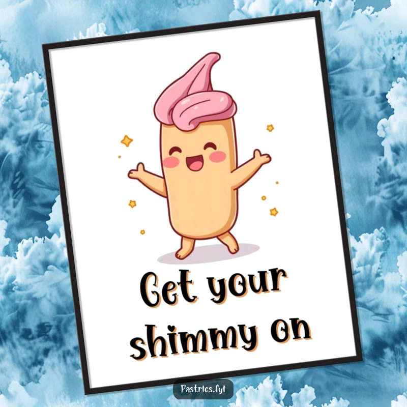 Funny churro poster featuring a shimmying character dusted in cinnamon sugar, a vibrant piece of dessert art.