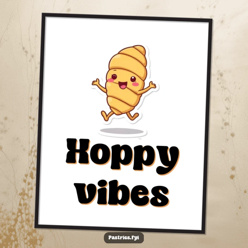 Funny poster art of a cheerful croissant character caught mid-hop, radiating pure joy and a bouncy spirit.