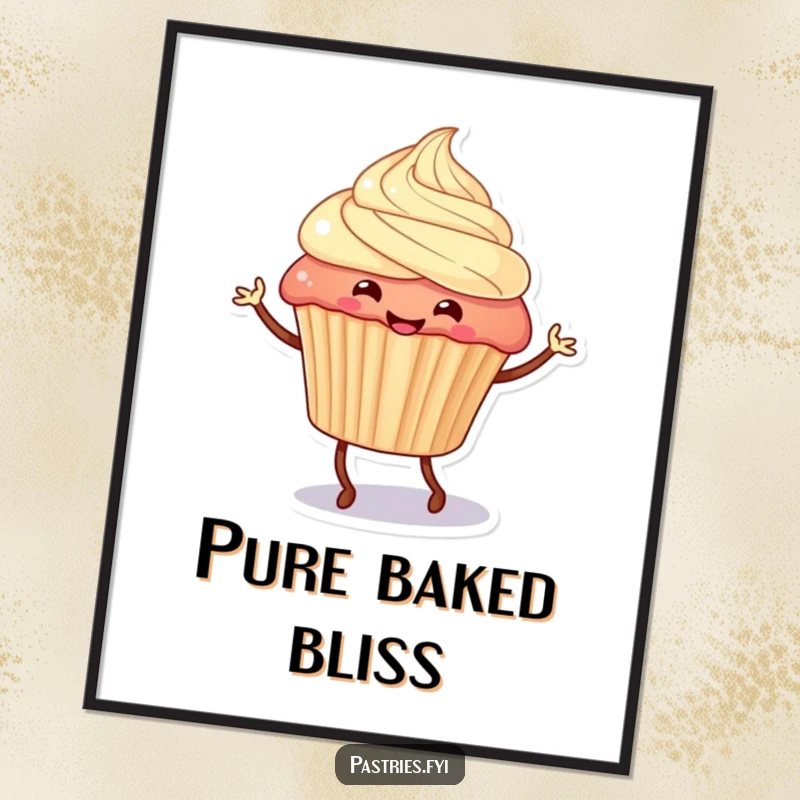 Funny cupcake character with legs dancing a jig, depicted vibrantly on a poster, bringing cheerful energy to any room.