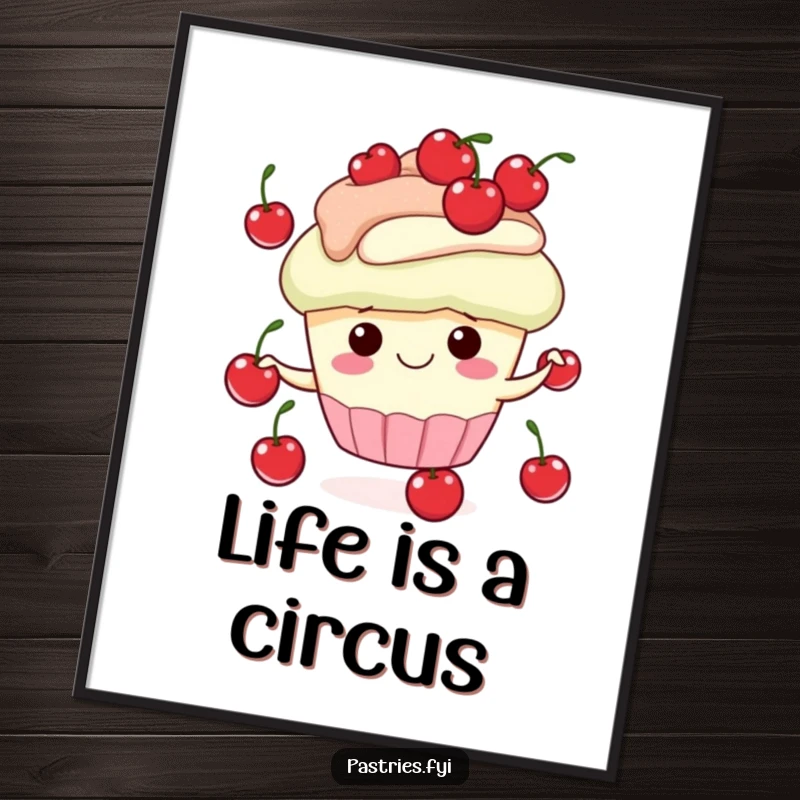 Funny poster print of a delighted cupcake character in action, juggling cherries with pure glee, adding a splash of color.