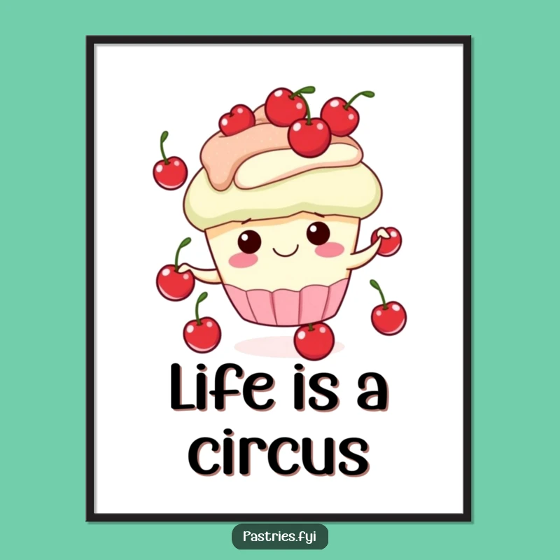 Funny Cupcake Juggling Cherries Poster - Joyful Wall Art for Any Room