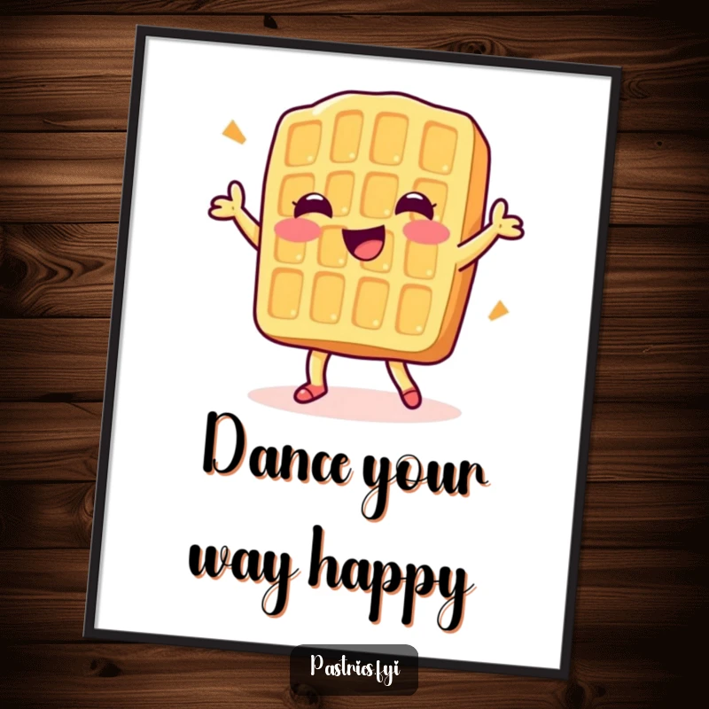 Funny poster illustration of a delighted waffle character joyfully performing a happy little dance, full of breakfast charm.
