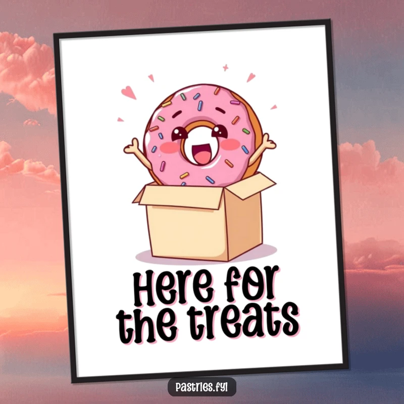 Funny poster showcasing a happy donut character with sprinkles, excitedly bursting out of a gift box, creating a whimsical, sweet scene.