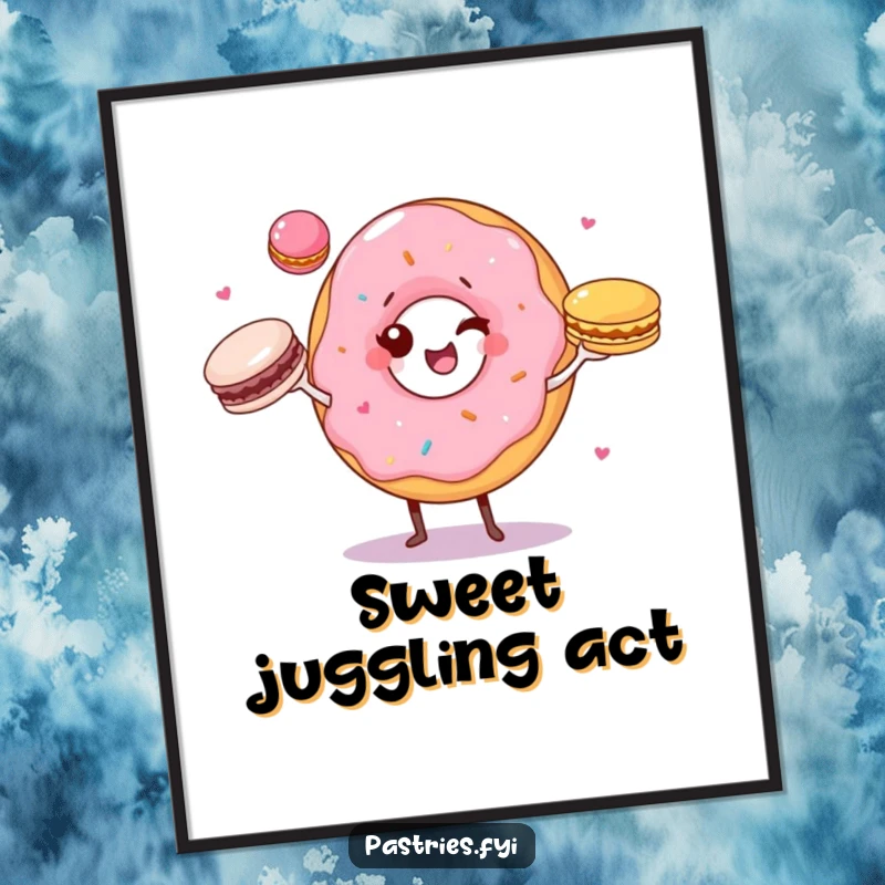Funny poster art of a winking donut character skillfully juggling three colorful macarons, adding a touch of vibrant whimsy.