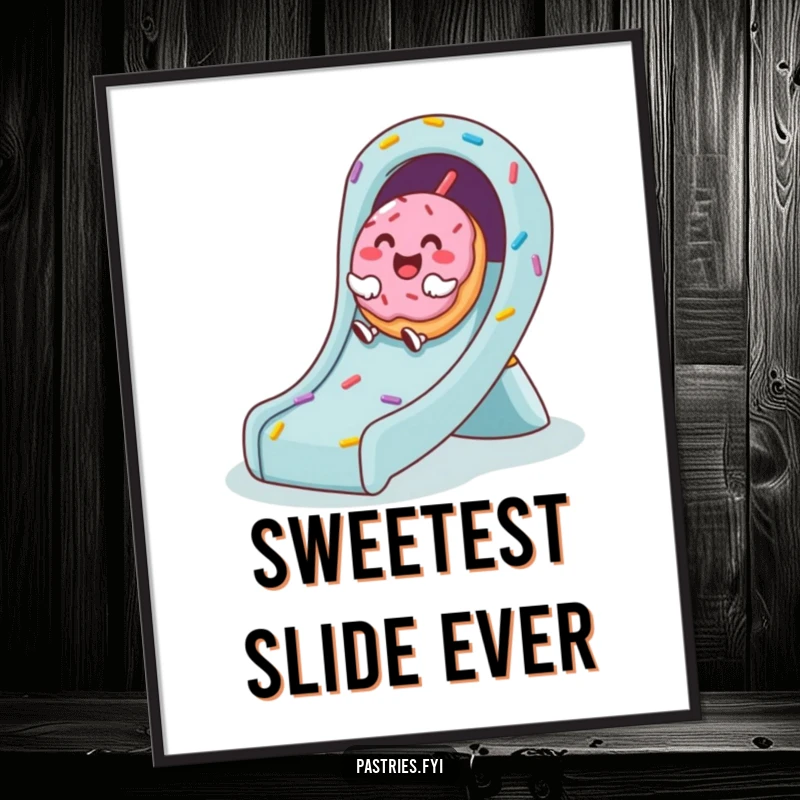 Funny poster featuring a joyful donut character giggling enthusiastically while sliding down a vibrant, sprinkle-filled slide.