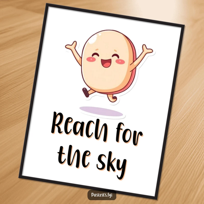 Funny happy macaron character captured mid-leap with immense joy, presented as a vibrant poster for uplifting wall art.