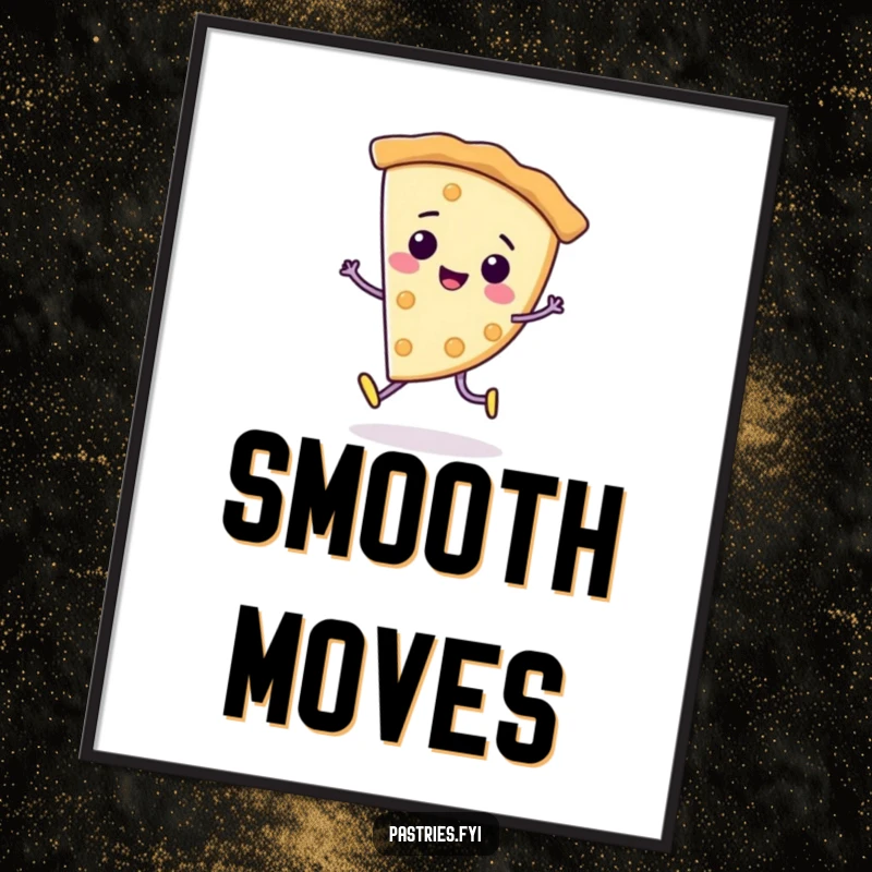 Funny Poster: A cheerful pie slice character captured mid-moonwalk, exuding retro charm and playful energy.