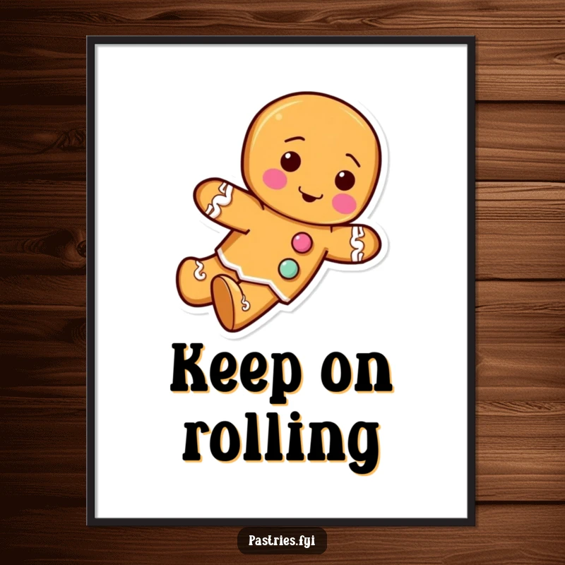 Funny poster artwork of a gingerbread man character with frosting buttons, captured in a comical rolling motion, spreading holiday cheer.