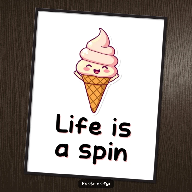 Funny poster art of a happy ice cream cone character spinning with its eyes closed, radiating pure, sweet bliss.