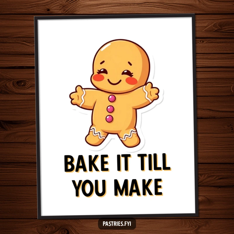 Funny poster illustration of a chubby gingerbread man character in a hilarious, exaggerated stretch, full of morning flexibility.