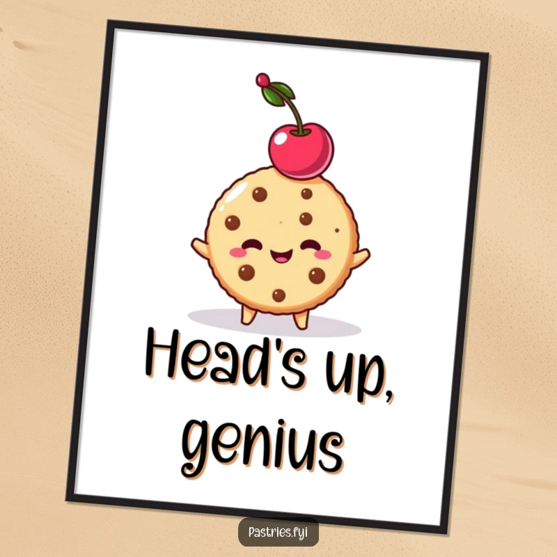 Funny cookie character performing an impressive cherry balancing act on its head, as a colorful poster.