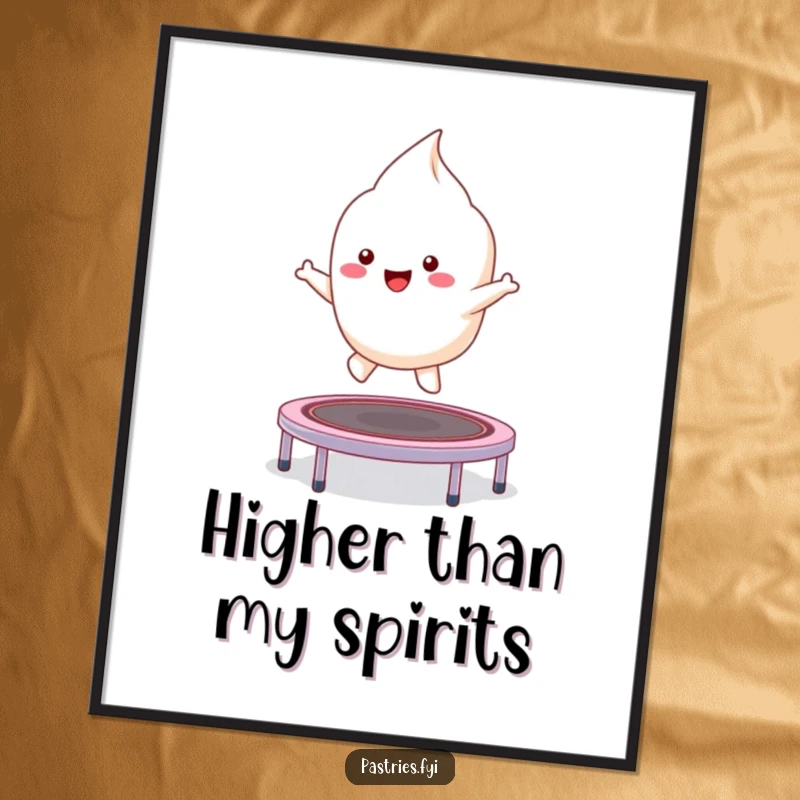 Funny kawaii meringue character mid-bounce on a tiny trampoline, a delightful and humorous wall art piece.