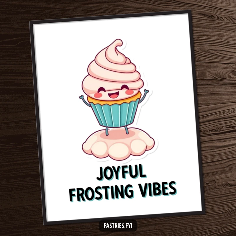 Funny smiling cupcake character bouncing on its frosting, presented as a vibrant poster for cheerful wall art.