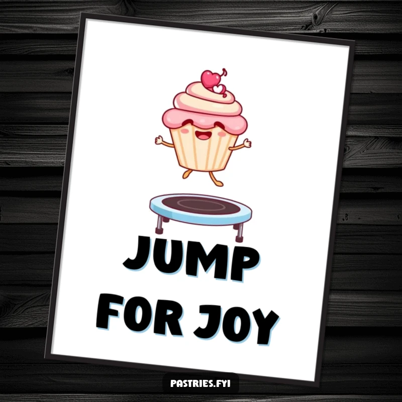 Funny Poster: A smiling cupcake character enthusiastically jumping on a springy trampoline, captured in a moment of pure, unadulterated fun.