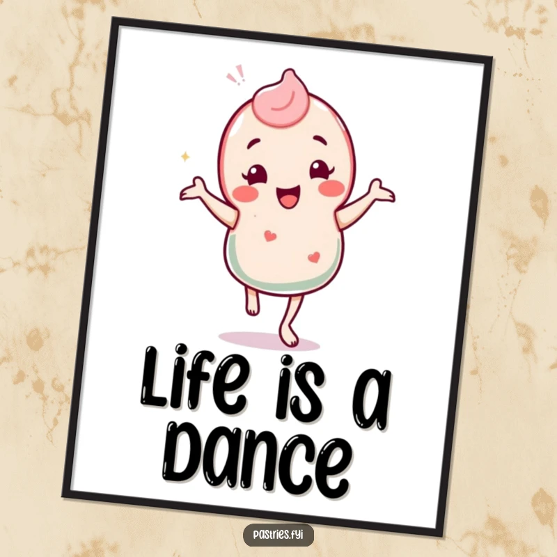 Funny poster art of a happy candy character performing a lively, silly jig with a look of pure sugary delight.