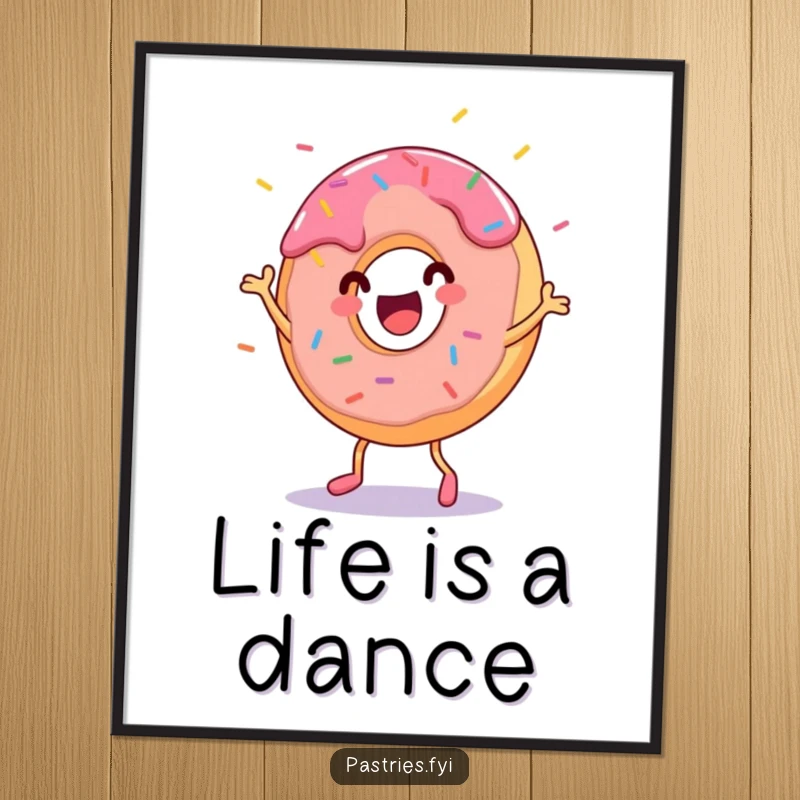Funny donut character dancing with sprinkles flying, as a colorful poster. A cheerful and energetic piece of art.