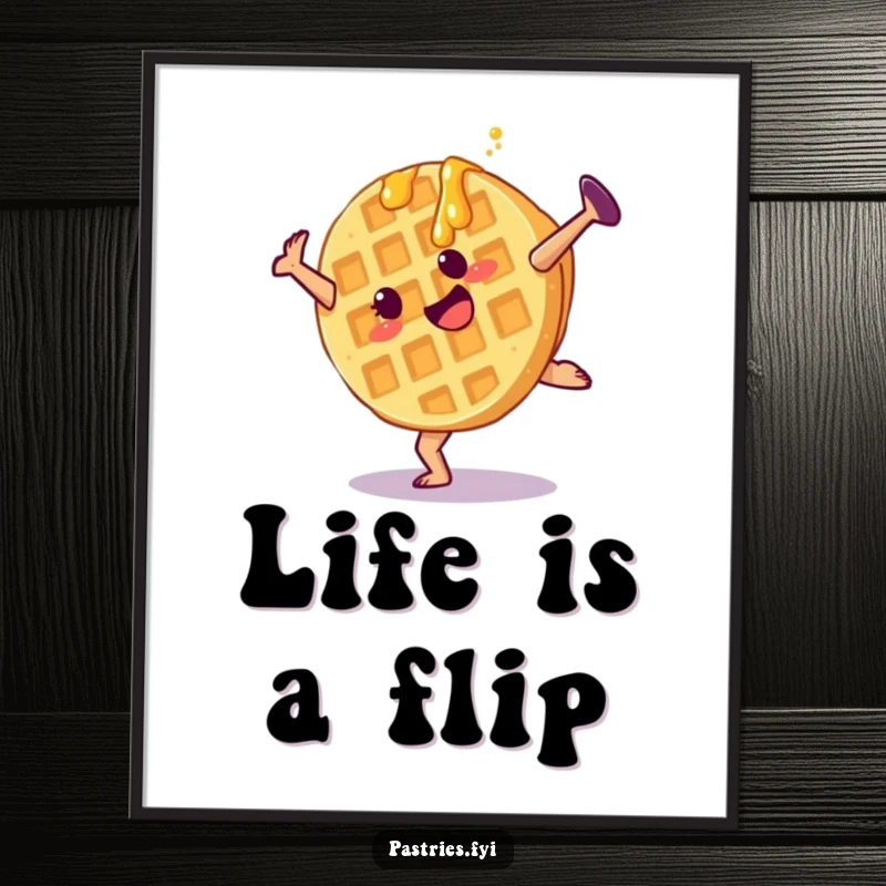 Funny waffle poster featuring a cartwheeling character with syrup, a dynamic and cheerful piece of breakfast art.