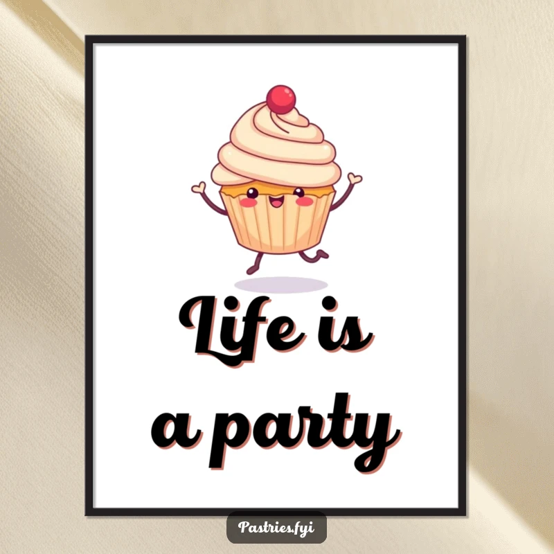 Funny cheerful cupcake with tiny legs, jubilantly hopping on a poster, creating a sweet and joyful visual, an excellent funny gift.