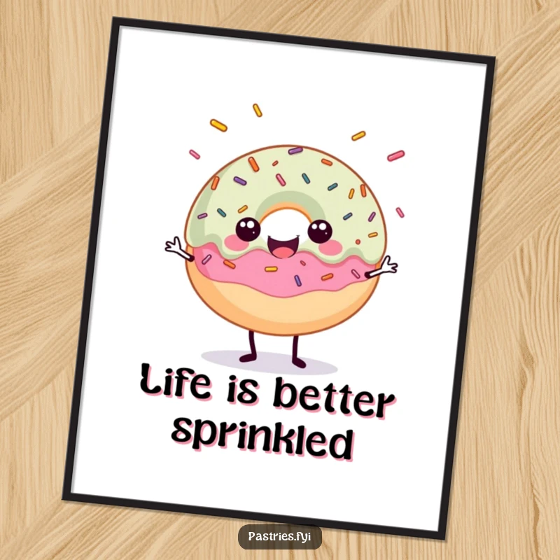 Funny poster print of a happy donut character juggling a vibrant mix of sprinkles, creating a cheerful and sweet scene.