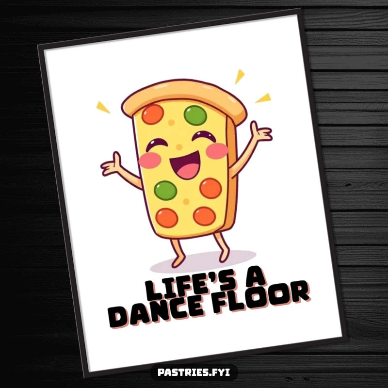 Funny pizza slice poster featuring a Kawaii character caught mid-dance, radiating pure, unadulterated mirth.