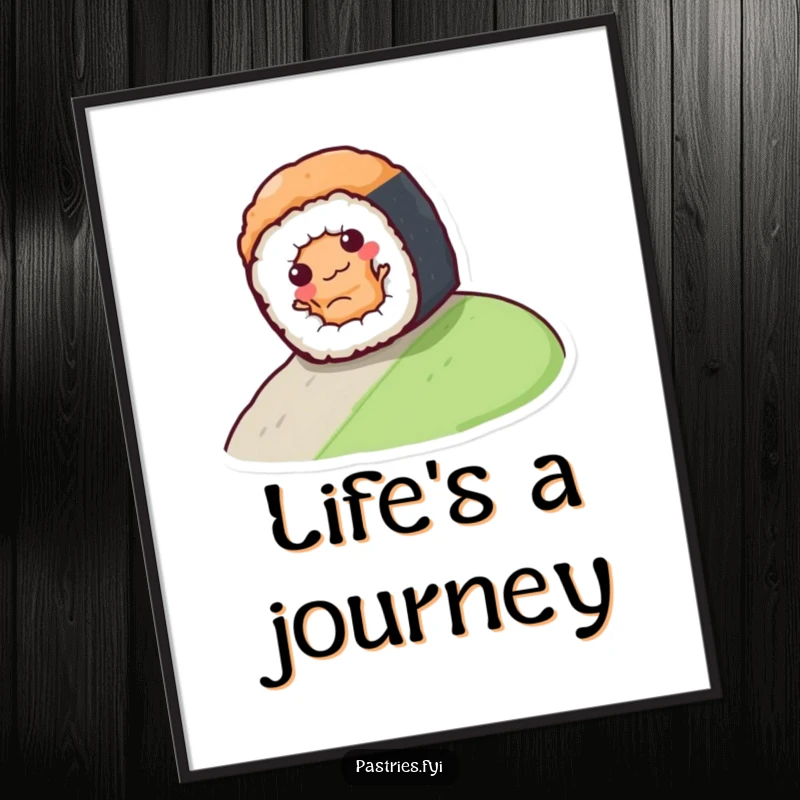 Funny sushi roll character gleefully rolling down a hill, presented as a vibrant and funny poster for wall decoration.