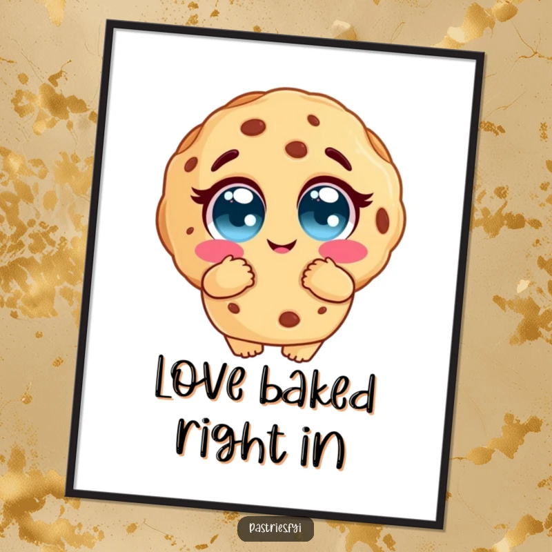 Funny cookie poster with a charming cookie character, large adoring eyes, and an open hug, creating a warm and inviting piece of art.