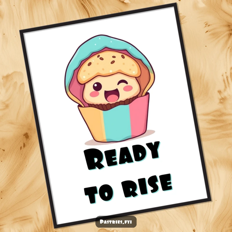 Funny muffin character poster, peeking out from a cheerful wrapper with an excited expression, adding whimsical charm to any room.