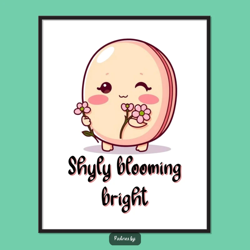 Funny Shy Macaron Poster: Adorable blushing character w/ flower, a perfect wall art funny gift.