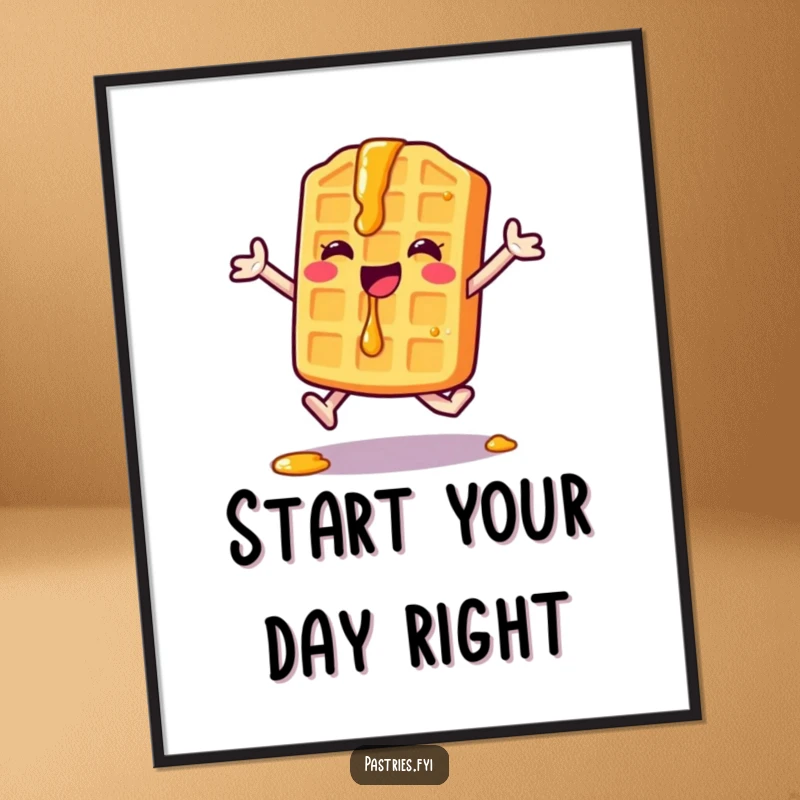 Funny Waffle Poster: A happy waffle character with syrup drips energetically does a jumping jack, bringing breakfast vitality to your decor.