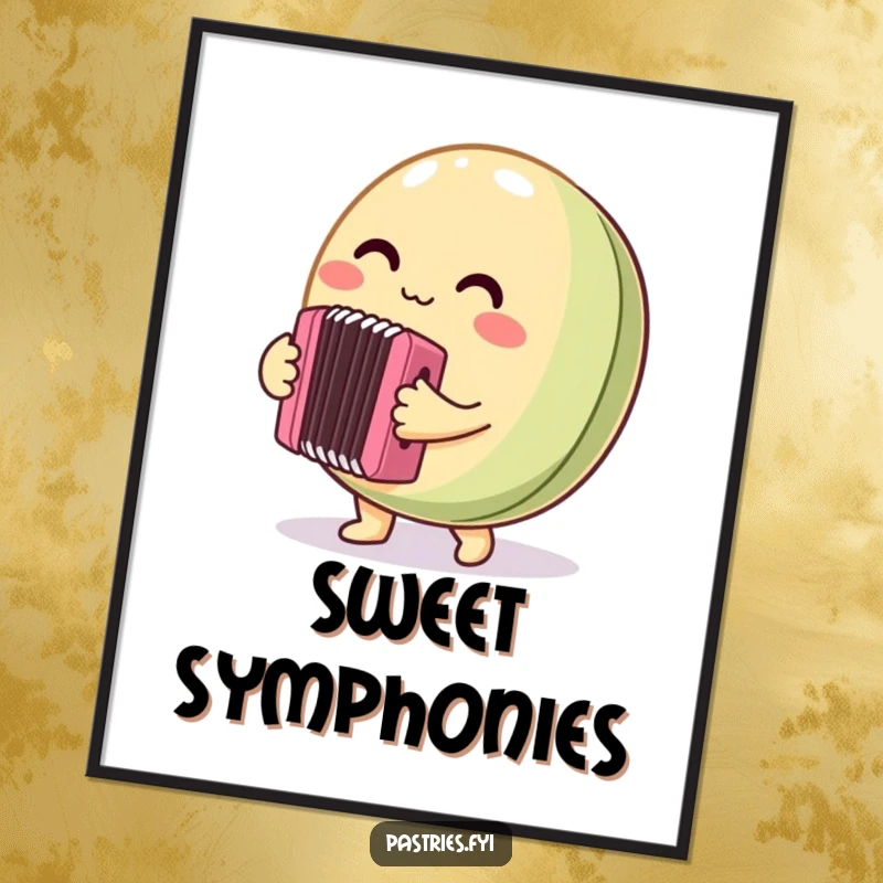 Funny Poster featuring a round macaron character enthusiastically playing a tiny accordion, creating a playful and charming piece of whimsical wall art.