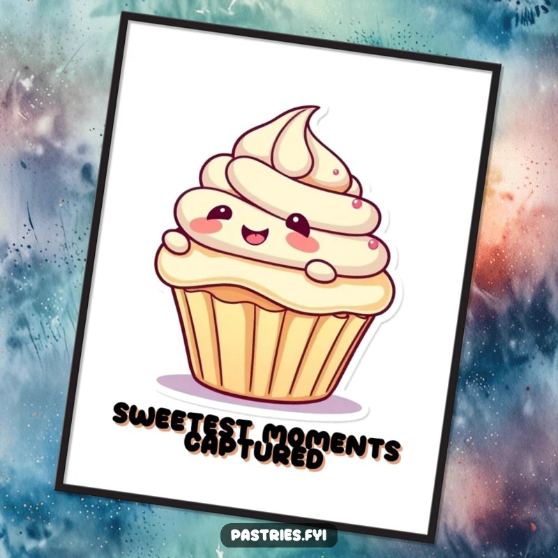 Funny poster print of a giggling cupcake character sliding energetically on a swirl of frosting, a cheerful and humorous piece of wall decor.