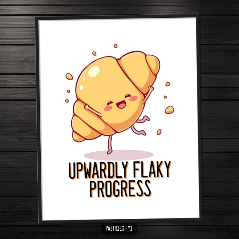 Funny croissant cartwheel poster showing a croissant character with legs joyfully doing a cartwheel with flaky bits flying, perfect humorous wall decor.